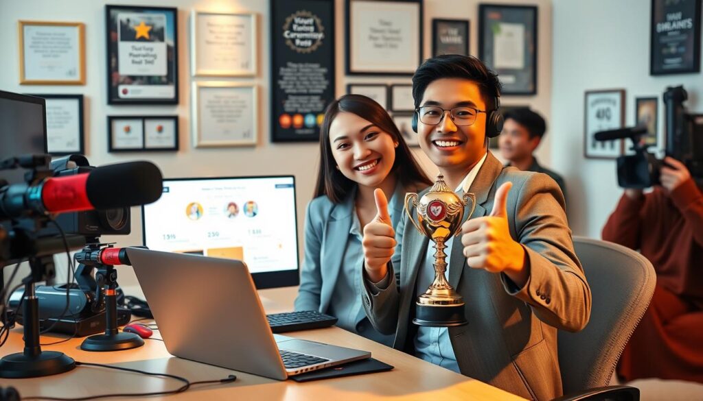 A serene workspace featuring a diverse group of happy streamers celebrating their achievements. In the foreground, an Asian female streamer in smart casual attire, smiling and holding a trophy, while a Hispanic male streamer next to her shows a thumbs up, both surrounded by colorful streaming equipment like microphones and cameras. In the middle ground, a laptop displays impressive viewer statistics and cheerful streaming graphics. The background reveals a wall adorned with framed testimonials and accolades. The lighting is warm and inviting, casting soft shadows, suggesting an atmosphere of motivation and positivity. Capture this moment from a slightly elevated angle, emphasizing the camaraderie and success in maintaining healthy streaming habits, while conveying an uplifting and inspiring mood. A serene workspace featuring a diverse group of happy streamers celebrating their achievements. In the foreground, an Asian female streamer in smart casual attire, smiling and holding a trophy, while a Hispanic male streamer next to her shows a thumbs up, both surrounded by colorful streaming equipment like microphones and cameras. In the middle ground, a laptop displays impressive viewer statistics and cheerful streaming graphics. The background reveals a wall adorned with framed testimonials and accolades. The lighting is warm and inviting, casting soft shadows, suggesting an atmosphere of motivation and positivity. Capture this moment from a slightly elevated angle, emphasizing the camaraderie and success in maintaining healthy streaming habits, while conveying an uplifting and inspiring mood.