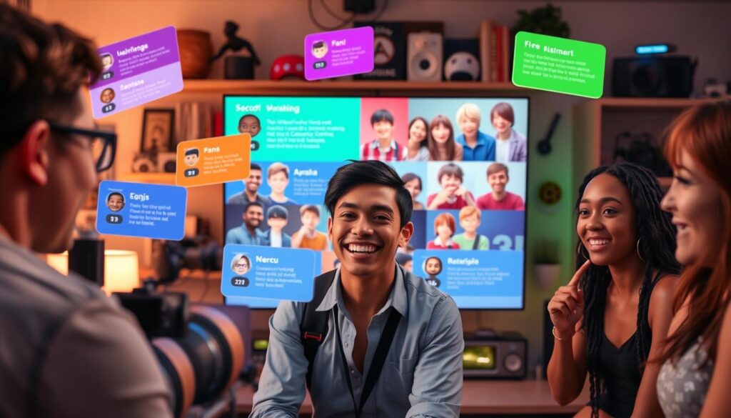 A vibrant digital scene depicting a diverse group of streamers interacting with viewers through tiered subscription benefits. In the foreground, a streamer in professional casual attire is engaging with a camera, showcasing a bright smile, with colorful graphics of subscription tiers floating around them. The middle ground features a split-screen display showing various fans happily receiving exclusive content and perks, such as custom emojis and chat highlights. In the background, a cozy streaming setup is illuminated by soft, warm lighting, with shelves filled with gaming memorabilia and streaming equipment. The atmosphere is lively and inviting, conveying a sense of community and connection among streamers and their supporters, captured from a slightly angled bird’s-eye view to emphasize the interaction.