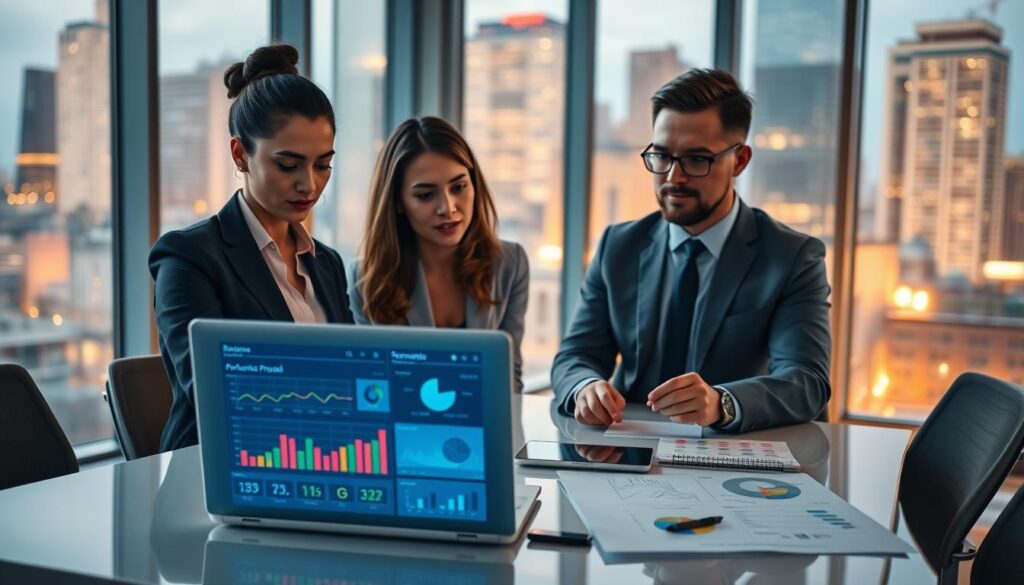 In a modern office setting, a professional businesswoman and a man in smart casual attire are intently analyzing performance data from a sponsorship proposal. The foreground shows a sleek, high-tech laptop displaying colorful graphs and statistics on the screen, illuminated by soft, warm lighting. The middle ground features a stylish conference table scattered with documents, charts, and a tablet. In the background, large windows reveal a vibrant cityscape, adding a sense of dynamic energy. The atmosphere is focused and collaborative, capturing the essence of negotiation and analysis. Use a slightly elevated angle to provide a comprehensive view, highlighting the interaction between the individuals and the data. In a modern office setting, a professional businesswoman and a man in smart casual attire are intently analyzing performance data from a sponsorship proposal. The foreground shows a sleek, high-tech laptop displaying colorful graphs and statistics on the screen, illuminated by soft, warm lighting. The middle ground features a stylish conference table scattered with documents, charts, and a tablet. In the background, large windows reveal a vibrant cityscape, adding a sense of dynamic energy. The atmosphere is focused and collaborative, capturing the essence of negotiation and analysis. Use a slightly elevated angle to provide a comprehensive view, highlighting the interaction between the individuals and the data.