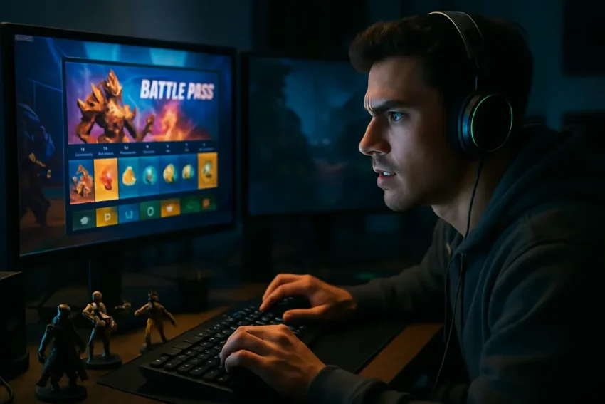Overwatch Battle Pass reward tracks shown on a gaming monitor beside a controller