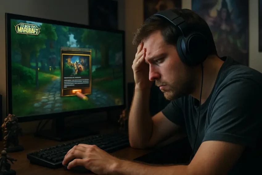WoW microtransactions shown through a fantasy gaming setup with a store purchase screen