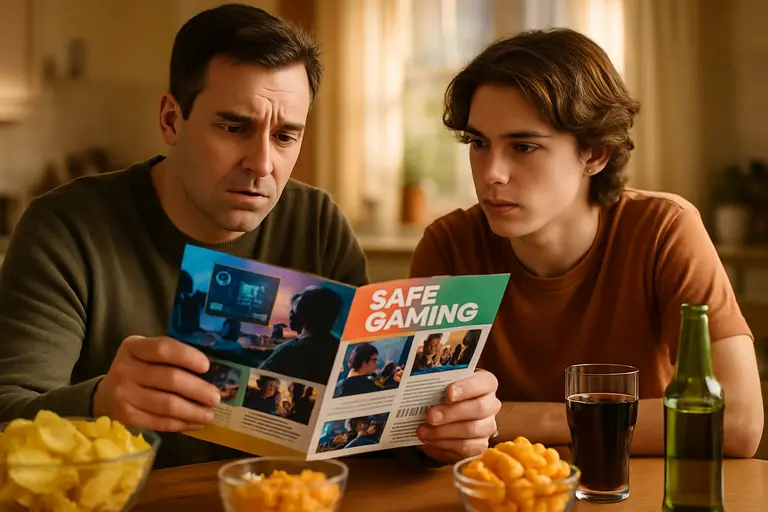 Parent reviewing spending controls on a gaming tablet with virtual coin icons