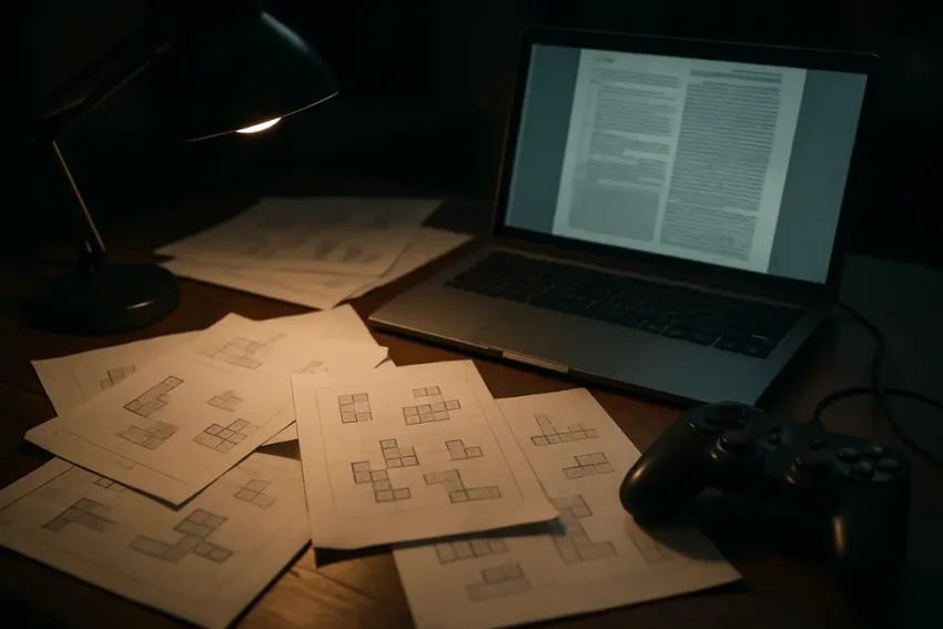 Tetris IP risks shown through a generic falling-block puzzle prototype on a monitor