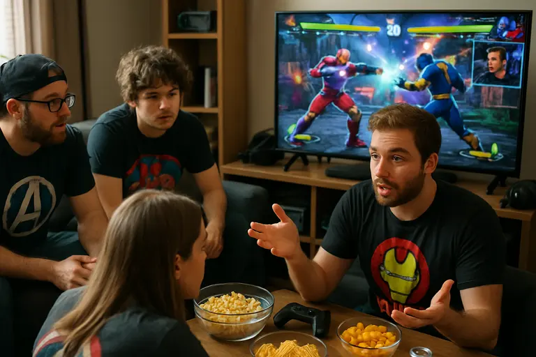Group of players gathered around a screen showing team characters