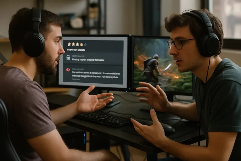 Two players discussing mixed reactions to a PC game on separate screens